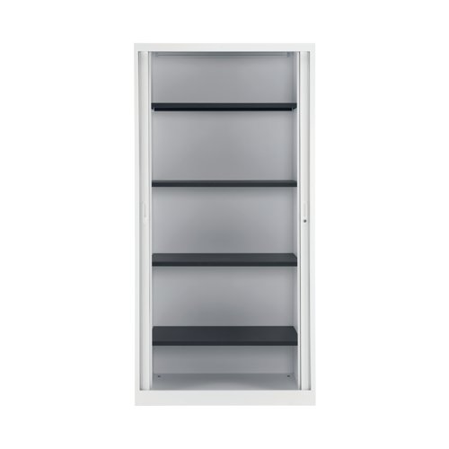 With Doors that open 100% providing easy access to the contents, these Tambour Unit filing cabinets have a fully welded construction and lockable doors for use in virtually any environment. Supplied with shelves that are height adjustable at 36mm increments, the unit also benefits from adjustable feet to help ensure it remains level and comes complete with a cylinder lock and two keys. Use with the optional roll out filing frame (KF78774) for lateral file compatibility. Contents not included.