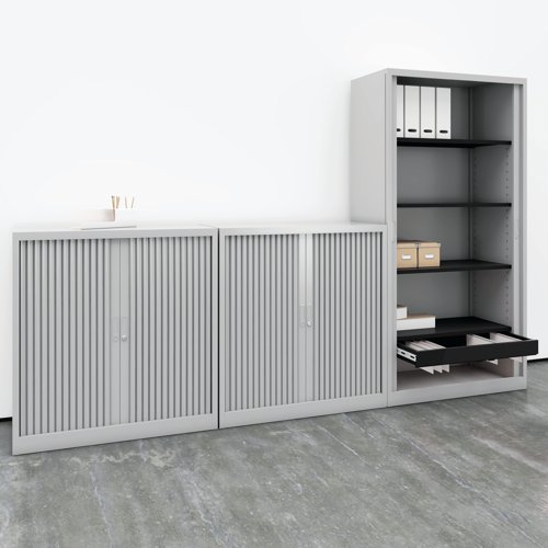 KF78761 | With Doors that open 100% providing easy access to the contents, these Tambour Unit filing cabinets have a fully welded construction and lockable doors for use in virtually any environment. Supplied with shelves that are height adjustable at 36mm increments, the unit also benefits from adjustable feet to help ensure it remains level and comes complete with a cylinder lock and two keys. Use with the optional roll out filing frame (KF78774) for lateral file compatibility. Contents not included.