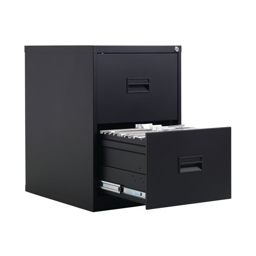 KF78762 | With drawers that are 100% extendable for full access to the contents, these 2 drawer filing cabinets have a fully welded construction and lockable doors for use in virtually any environment. Suitable for use with both A4 and Foolscap files, the unit also benefits from an anti-tilt system that only allows one drawer to be opened at a time and has plastic inset drawer handles incorporating a card holder for easy identification and labelling. Each drawer has a weight capacity of 40kg.