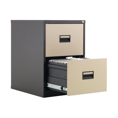 KF78763 | With drawers that are 100% extendable for full access to the contents, these 2 drawer filing cabinets have a fully welded construction and lockable doors for use in virtually any environment. Suitable for use with both A4 and Foolscap files, the unit also benefits from an anti-tilt system that only allows one drawer to be opened at a time and has plastic inset drawer handles incorporating a card holder for easy identification and labelling. Each drawer has a weight capacity of 40kg.
