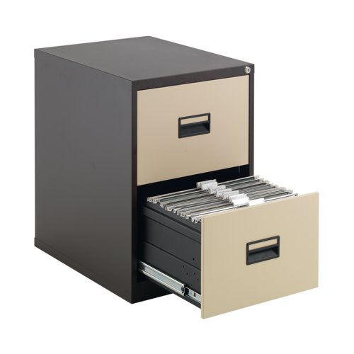 KF78763 | With drawers that are 100% extendable for full access to the contents, these 2 drawer filing cabinets have a fully welded construction and lockable doors for use in virtually any environment. Suitable for use with both A4 and Foolscap files, the unit also benefits from an anti-tilt system that only allows one drawer to be opened at a time and has plastic inset drawer handles incorporating a card holder for easy identification and labelling. Each drawer has a weight capacity of 40kg.
