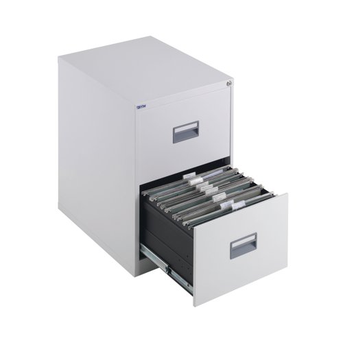 With drawers that are 100% extendable for full access to the contents, these 2 drawer filing cabinets have a fully welded construction and lockable doors for use in virtually any environment. Suitable for use with both A4 and Foolscap files, the unit also benefits from an anti-tilt system that only allows one drawer to be opened at a time and has plastic inset drawer handles incorporating a card holder for easy identification and labelling. Each drawer has a weight capacity of 40kg.