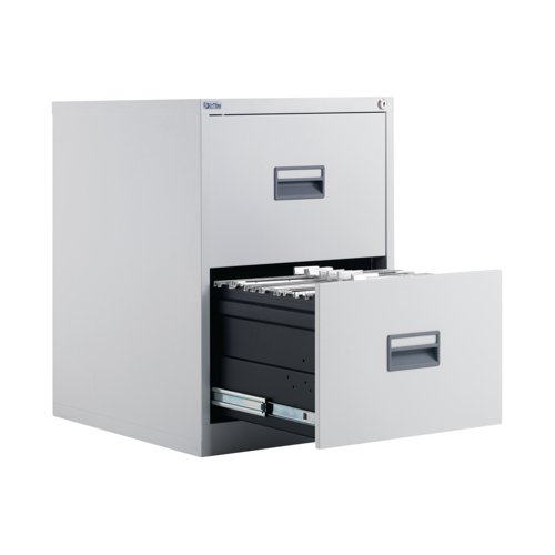 KF78765 | With drawers that are 100% extendable for full access to the contents, these 2 drawer filing cabinets have a fully welded construction and lockable doors for use in virtually any environment. Suitable for use with both A4 and Foolscap files, the unit also benefits from an anti-tilt system that only allows one drawer to be opened at a time and has plastic inset drawer handles incorporating a card holder for easy identification and labelling. Each drawer has a weight capacity of 40kg.