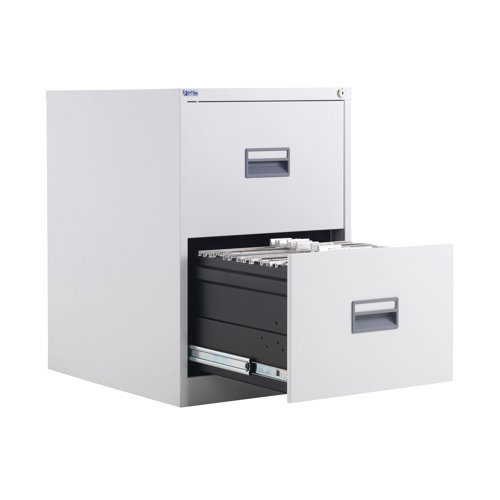 KF78765 | With drawers that are 100% extendable for full access to the contents, these 2 drawer filing cabinets have a fully welded construction and lockable doors for use in virtually any environment. Suitable for use with both A4 and Foolscap files, the unit also benefits from an anti-tilt system that only allows one drawer to be opened at a time and has plastic inset drawer handles incorporating a card holder for easy identification and labelling. Each drawer has a weight capacity of 40kg.