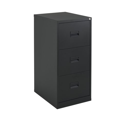 KF78766 | With drawers that are 100% extendable for full access to the contents, these 3 drawer filing cabinets have a fully welded construction and lockable doors for use in virtually any environment. Suitable for use with both A4 and Foolscap files, the unit also benefits from an anti-tilt system that only allows one drawer to be opened at a time and has plastic inset drawer handles incorporating a card holder for easy identification and labelling. Each drawer has a weight capacity of 40kg. Contents not included.