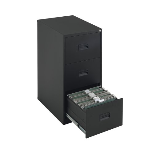 With drawers that are 100% extendable for full access to the contents, these 3 drawer filing cabinets have a fully welded construction and lockable doors for use in virtually any environment. Suitable for use with both A4 and Foolscap files, the unit also benefits from an anti-tilt system that only allows one drawer to be opened at a time and has plastic inset drawer handles incorporating a card holder for easy identification and labelling. Each drawer has a weight capacity of 40kg. Contents not included.