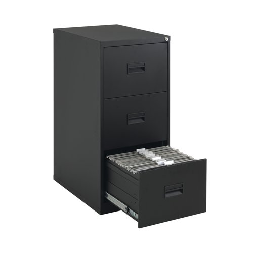 KF78766 | With drawers that are 100% extendable for full access to the contents, these 3 drawer filing cabinets have a fully welded construction and lockable doors for use in virtually any environment. Suitable for use with both A4 and Foolscap files, the unit also benefits from an anti-tilt system that only allows one drawer to be opened at a time and has plastic inset drawer handles incorporating a card holder for easy identification and labelling. Each drawer has a weight capacity of 40kg. Contents not included.