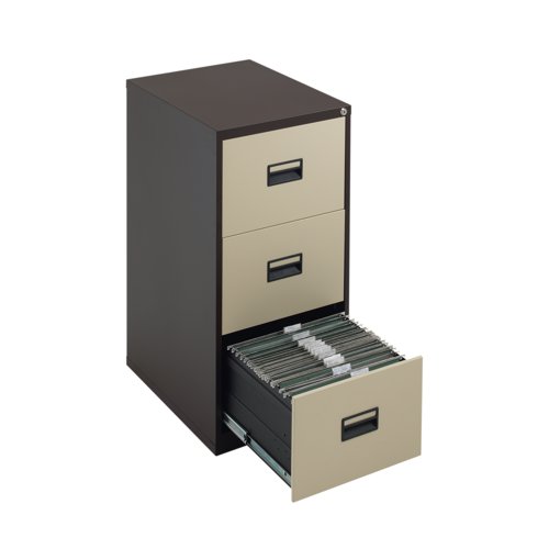 KF78767 | With drawers that are 100% extendable for full access to the contents, these 3 drawer filing cabinets have a fully welded construction and lockable doors for use in virtually any environment. Suitable for use with both A4 and Foolscap files, the unit also benefits from an anti-tilt system that only allows one drawer to be opened at a time and has plastic inset drawer handles incorporating a card holder for easy identification and labelling. Each drawer has a weight capacity of 40kg.