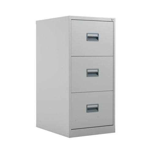 With drawers that are 100% extendable for full access to the contents, these 3 drawer filing cabinets have a fully welded construction and lockable doors for use in virtually any environment. Suitable for use with both A4 and Foolscap files, the unit also benefits from an anti-tilt system that only allows one drawer to be opened at a time and has plastic inset drawer handles incorporating a card holder for easy identification and labelling. Each drawer has a weight capacity of 40kg.