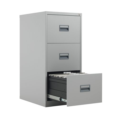 KF78768 | With drawers that are 100% extendable for full access to the contents, these 3 drawer filing cabinets have a fully welded construction and lockable doors for use in virtually any environment. Suitable for use with both A4 and Foolscap files, the unit also benefits from an anti-tilt system that only allows one drawer to be opened at a time and has plastic inset drawer handles incorporating a card holder for easy identification and labelling. Each drawer has a weight capacity of 40kg.