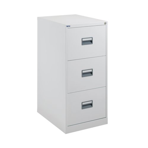 KF78769 | With drawers that are 100% extendable for full access to the contents, these 3 drawer filing cabinets have a fully welded construction and lockable doors for use in virtually any environment. Suitable for use with both A4 and Foolscap files, the unit also benefits from an anti-tilt system that only allows one drawer to be opened at a time and has plastic inset drawer handles incorporating a card holder for easy identification and labelling. Each drawer has a weight capacity of 40kg. Contents not included.