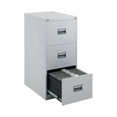 With drawers that are 100% extendable for full access to the contents, these 3 drawer filing cabinets have a fully welded construction and lockable doors for use in virtually any environment. Suitable for use with both A4 and Foolscap files, the unit also benefits from an anti-tilt system that only allows one drawer to be opened at a time and has plastic inset drawer handles incorporating a card holder for easy identification and labelling. Each drawer has a weight capacity of 40kg. Contents not included.