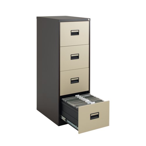 KF78771 | With drawers that are 100% extendable for full access to the contents, these 4 drawer filing cabinets have a fully welded construction and lockable doors for use in virtually any environment. Suitable for use with both A4 and Foolscap files, the unit also benefits from an anti-tilt system that only allows one drawer to be opened at a time and has plastic inset drawer handles incorporating a card holder for easy identification and labelling. Each drawer has a weight capacity of 40kg. Contents not included.