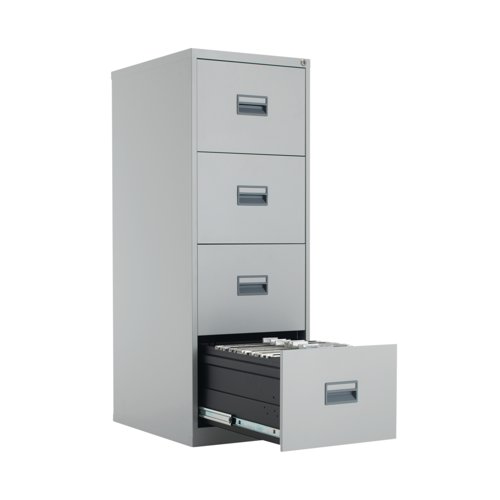 KF78772 | With drawers that are 100% extendable for full access to the contents, these 4 drawer filing cabinets have a fully welded construction and lockable doors for use in virtually any environment. Suitable for use with both A4 and Foolscap files, the unit also benefits from an anti-tilt system that only allows one drawer to be opened at a time and has plastic inset drawer handles incorporating a card holder for easy identification and labelling. Each drawer has a weight capacity of 40kg. Contents not included.
