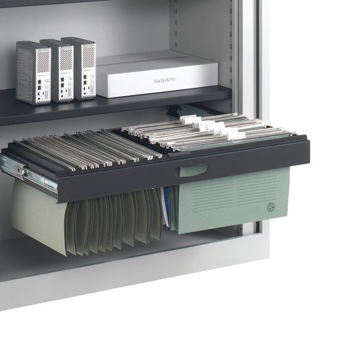 Designed for use with Talos side opening tambour cupboards, this optional roll out filing frame is for use with suspension files, and makes for easy filing and retrieval. Only includes filing frame.