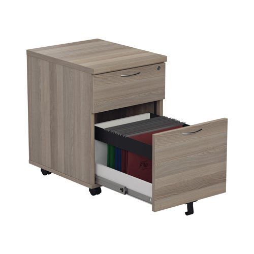 Offering a convenient and flexible place to store documents, papers and stationery, this grey oak-finish mobile pedestal fits under your desk, or can be used independently to suit your needs. The pedestal features 1 box drawer and 1 filing drawer suitable for foolscap suspension filing. This pedestal measures W404xD500xH595mm and is mobile on castors.