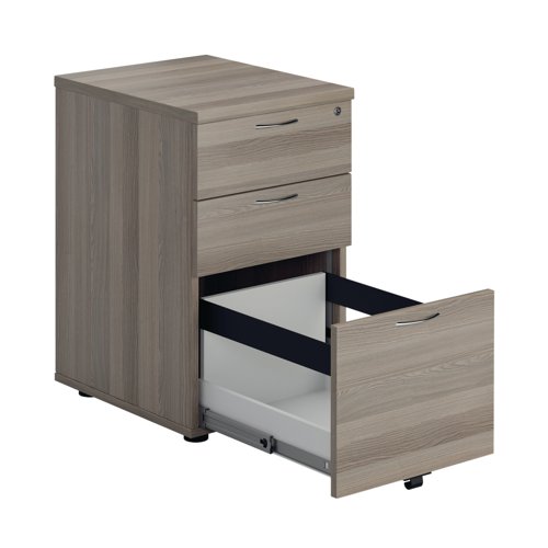 Offering a convenient and flexible place to store your documents, papers and stationery, this grey oak-finish pedestal fits under your desk for easy access. The pedestal features 3 box drawers and measures W404xD500xH690mm. This pedestal is designed to complement both Jemini and Arista standard desking.