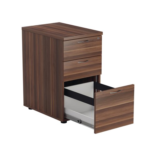 Offering a convenient and flexible place to store documents, papers and stationery, this walnut-finish desk high pedestal can fit conveniently next to your desk to provide additional work space. The pedestal features 2 box drawers and 1 filing drawer suitable for foolscap suspension filing. This pedestal measures W404xD600xH730mm and can be placed beside the 600mm end of a radial desk.