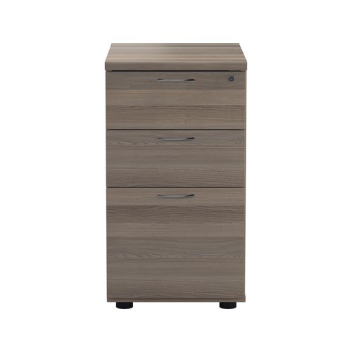 Offering a convenient and flexible place to store documents, papers and stationery, this grey oak-finish desk high pedestal can fit conveniently next to your desk to provide additional work space. The pedestal features 2 box drawers and 1 filing drawer suitable for foolscap suspension filing. This pedestal measures W404xD600xH730mm and can be placed beside the 600mm end of a radial desk.