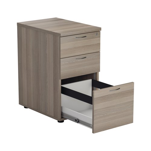 Offering a convenient and flexible place to store documents, papers and stationery, this grey oak-finish desk high pedestal can fit conveniently next to your desk to provide additional work space. The pedestal features 2 box drawers and 1 filing drawer suitable for foolscap suspension filing. This pedestal measures W404xD600xH730mm and can be placed beside the 600mm end of a radial desk.