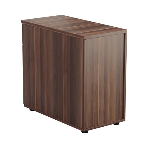 Offering a convenient and flexible place to store documents, papers and stationery, this walnut-finish desk high pedestal can fit conveniently next to your desk to provide additional work space. The pedestal features 2 box drawers and 1 filing drawer suitable for foolscap suspension filing. This pedestal measures W404xD800xH730mm and can be placed beside the 800mm end of a radial desk, or used with a standard desk.