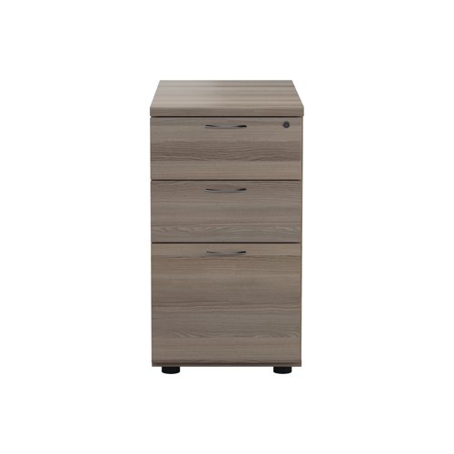 Offering a convenient and flexible place to store documents, papers and stationery, this grey oak-finish desk high pedestal can fit conveniently next to your desk to provide additional work space. The pedestal features 2 box drawers and 1 filing drawer suitable for foolscap suspension filing. This pedestal measures W404xD800xH730mm and can be placed beside the 800mm end of a radial desk, or used with a standard desk.