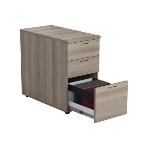 Offering a convenient and flexible place to store documents, papers and stationery, this grey oak-finish desk high pedestal can fit conveniently next to your desk to provide additional work space. The pedestal features 2 box drawers and 1 filing drawer suitable for foolscap suspension filing. This pedestal measures W404xD800xH730mm and can be placed beside the 800mm end of a radial desk, or used with a standard desk.