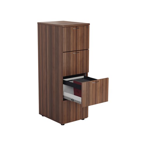 Designed for foolscap suspension files, this Jemini 4 Drawer Filing Cabinet provides a sturdy and robust filing solution. The robust frame has a stylish walnut finish and anti-tilt technology for secure filing. The 4 drawers are lockable for storing confidential files and have a capacity of 25kg each. This filing cabinet measures W465 x D600 x H1365mm and complements office furniture from both the Jemini and Arista ranges.