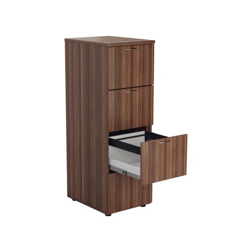 Designed for foolscap suspension files, this Jemini 4 Drawer Filing Cabinet provides a sturdy and robust filing solution. The robust frame has a stylish walnut finish and anti-tilt technology for secure filing. The 4 drawers are lockable for storing confidential files and have a capacity of 25kg each. This filing cabinet measures W465 x D600 x H1365mm and complements office furniture from both the Jemini and Arista ranges.