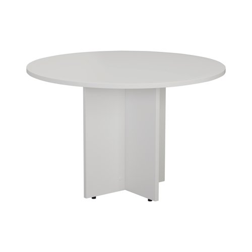 This beautifully constructed white veneer table with round table top is suitable for the office and the home, and makes a great, informal meeting area. A cruciform base provides stability for long lasting, extended use. In addition, an easy to clean surface allows you to clean up after use with consummate ease. The diameter of the table is 1200mm and it is 730mm high.