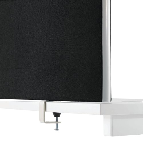 Provide privacy and reduce noise levels between desks with this Jemini Mounted Desk Screen. This screen is designed to be durable and economic. The screen is upholstered with Elfin flame retardant fabric with a protective up VA edge trim. This screen measures 1200x25x400mm in size and comes with a pair of standard desk clamps.