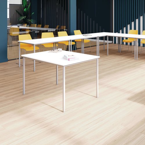 The Jemini Multipurpose Rectangular Table is ideal for combining with other multipurpose tables in various configurations for flexibility. Stylish and compact, measuring W1800xD800xH730mm, this table has a silver frame and an 18mm white finish desktop.