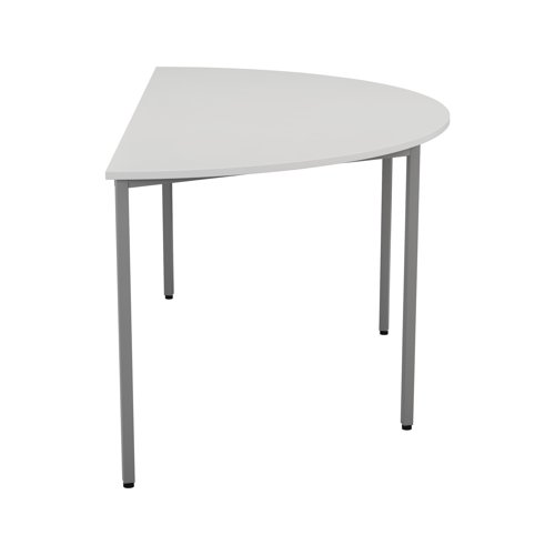 This semi-circular table, supplied in a flatpack construction is simple to build and is ideal for a variety of uses. Featuring 10mm height adjustable feet with metal to metal fixings, the table comes with a silver powder coated frame. Finished in Nova Oak, measuring 1600x800x730mm.