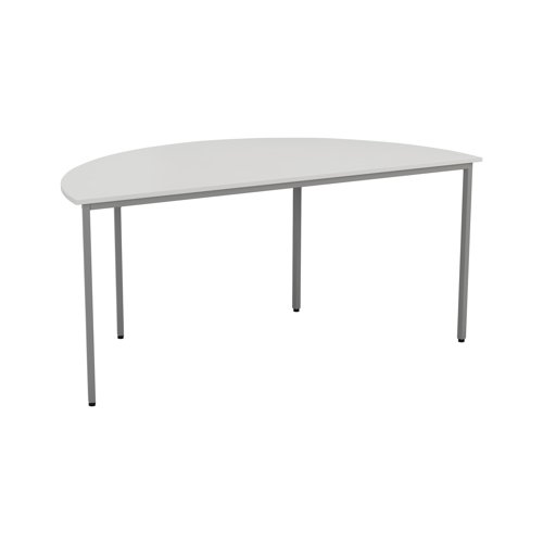 This semi-circular table, supplied in a flatpack construction is simple to build and is ideal for a variety of uses. Featuring 10mm height adjustable feet with metal to metal fixings, the table comes with a silver powder coated frame. Finished in Nova Oak, measuring 1600x800x730mm.