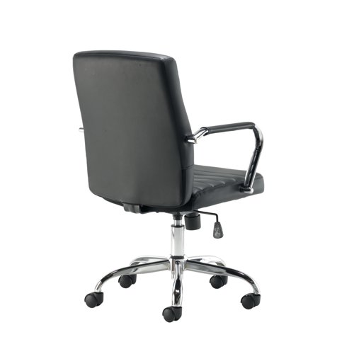 This stylish Jemini Amalfi Leather Look Meeting Chair features integrated chrome armrests and a five star chrome base for mobility. The seat height is adjustable from 440mm to 530mm. This black chair has a maximum sitter weight of 18 stone.