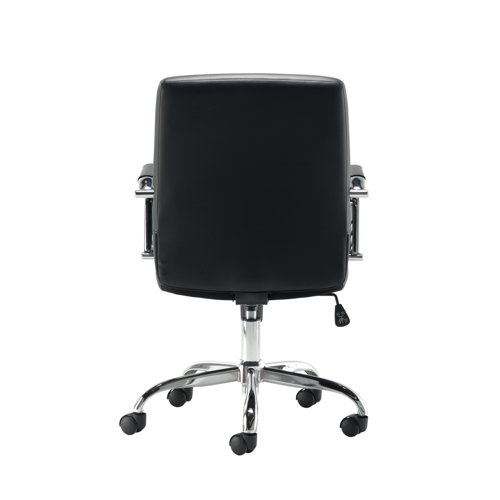 This stylish Jemini Amalfi Leather Look Meeting Chair features integrated chrome armrests and a five star chrome base for mobility. The seat height is adjustable from 440mm to 530mm. This black chair has a maximum sitter weight of 18 stone.