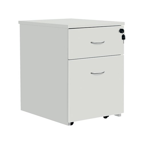This Serrion 2 Drawer Mobile Pedestal fits under desks or can be used independently. The pedestal features 1 filing drawer suitable for use with both foolscap and A4 suspension filing, and 1 shallow drawer for stationery and other accessories. This pedestal is mobile on castors and comes in white. The pedestal measures 434x580x525mm.