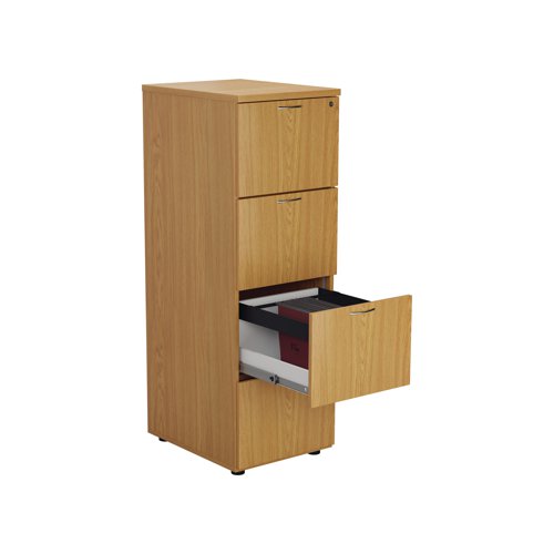 Designed for foolscap suspension files, this 4 drawer filing cabinet provides a sturdy and robust filing solution. The robust frame has a stylish Nova Oak finish and anti-tilt technology for secure filing. The 4 drawers are lockable for storing confidential files and have a capacity of 25kg each. This filing cabinet measures W465 x D600 x H1365mm.