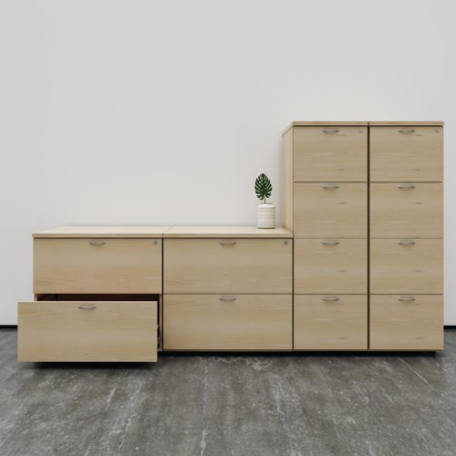 Designed for foolscap suspension files, this 4 drawer filing cabinet provides a sturdy and robust filing solution. The robust frame has a stylish Nova Oak finish and anti-tilt technology for secure filing. The 4 drawers are lockable for storing confidential files and have a capacity of 25kg each. This filing cabinet measures W465 x D600 x H1365mm.