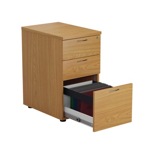Suitable for use with the 600mm or 800mm deep standard, desking and radial desks, this 3 drawer desk high pedestal includes 2 box drawers and 1 foolscap size filing drawer. The box drawers will take A4 files. Measuring W404 x D800 x H730mm with a 25mm desktop the pedestal is finished in Nova Oak.