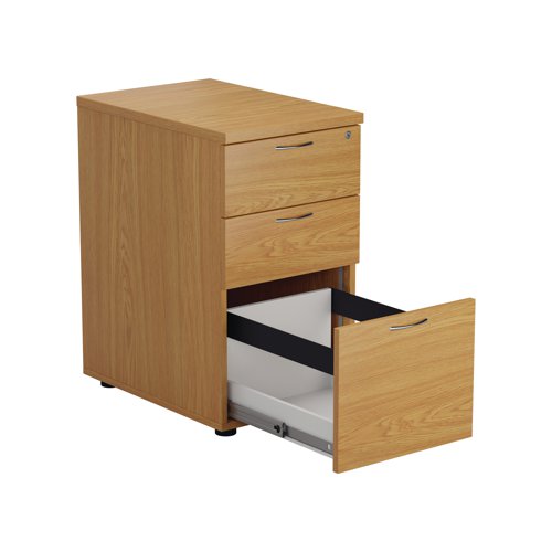 Suitable for use with the 600mm or 800mm deep standard, desking and radial desks, this 3 drawer desk high pedestal includes 2 box drawers and 1 foolscap size filing drawer. The box drawers will take A4 files. Measuring W404 x D800 x H730mm with a 25mm desktop the pedestal is finished in Nova Oak.