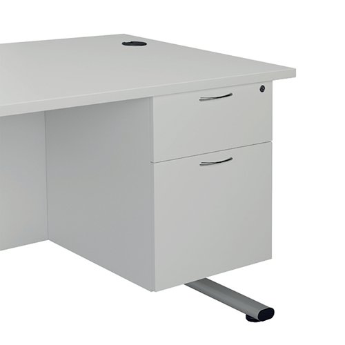 Finished in White, the Jemini fixed pedestal features 2 drawers including 1 box drawer and 1 foolscap size filing drawer. The box drawer will take A4 files. Measuring W400 x D500 x H495mm with a 25mm desktop, this Jemini fixed pedestal is designed for use with single upright desks, making an ideal storage solution.