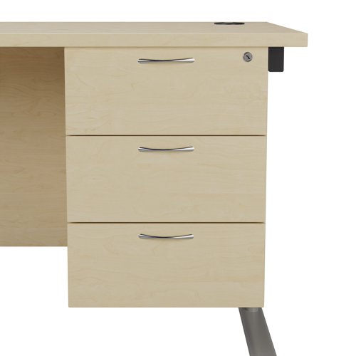 Finished in Maple, the Jemini fixed pedestal features 3 drawers which will take A4 files. Measuring W400 x D500 x H495mm with a 25mm desktop, this Jemini fixed pedestal is designed for use with single upright desks, making an ideal storage solution.
