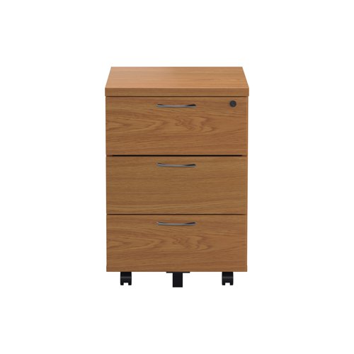 Finished in Nova Oak, this Jemini mobile pedestal features 3 box drawers which will take A4 files. Designed for use under desks or for use independently, the pedestal measures W404 x D500 x H595mm with a desktop depth of 25mm.