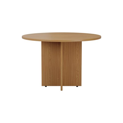 This beautifully constructed Nova Oak table with round table top is ideal for the office and makes a great, informal meeting area. A cruciform base provides stability for long lasting, extended use, with a 25mm thick desktop. This round table has a 1200mm diameter and is 730mm high.