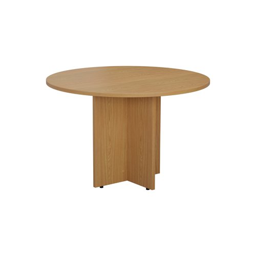 This beautifully constructed Nova Oak table with round table top is ideal for the office and makes a great, informal meeting area. A cruciform base provides stability for long lasting, extended use, with a 25mm thick desktop. This round table has a 1200mm diameter and is 730mm high.