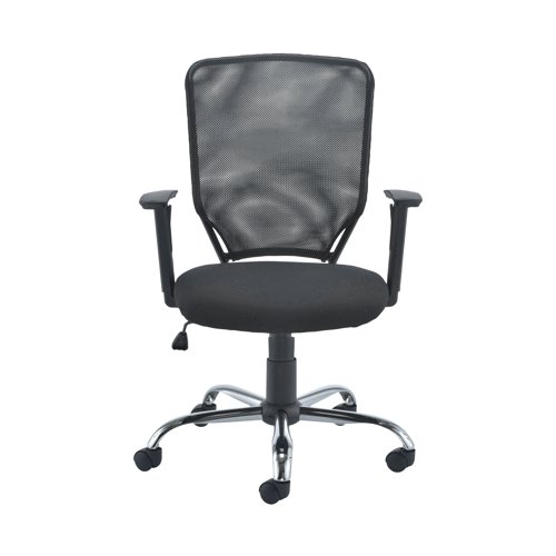 Perfect for use in home offices, this low back operator chair has a breathable mesh back with adjustable arms for comfort. It has a padded foam seat with a textured covering and a chrome base for style and stability.