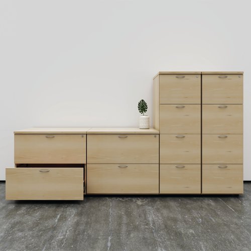 Designed for foolscap suspension files, this First 2 drawer filing cabinet features a robust frame with a contemporary Nova Oak finish and anti-tilt technology for secure filing. The 2 drawers are lockable for storing confidential files and have a capacity of 25kg each. This filing cabinet measures W465 x D600 x H730mm.
