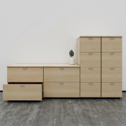 Designed for foolscap suspension files, this First 4 drawer filing cabinet features a robust frame with a contemporary beech finish and anti-tilt technology for secure filing. The 4 drawers have a capacity of 25kg each. This filing cabinet measures W465 x D600 x H1365mm.