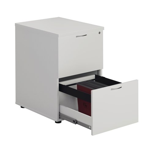 Designed for foolscap suspension files, this First 2 drawer filing cabinet provides a sturdy and robust filing solution. The robust frame has a stylish white finish and anti-tilt technology for secure filing. The 2 drawers are lockable for storing confidential files and have a capacity of 25kg each. This filing cabinet measures W465 x D600 x H730mm and complements office furniture from both the First and First ranges.